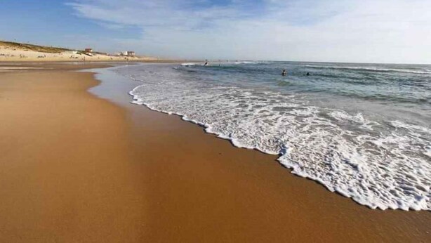 Una playa arenosa con olas suaves y cielo despejado.