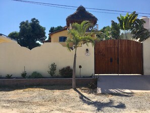 A house with a thatched roof, a wooden gate, and a palm tree in the front yard.