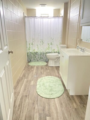 Tina con regadera, tina de hidromasaje, toallas, jabón 