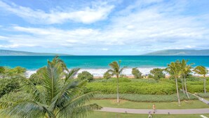 Blick auf die Küste mit blauem Himmel, Strand und Palmen.