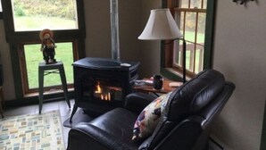 A cozy living room with a fireplace, a sofa, and a lamp. - 540-acre farm with trails, creeks, animals & nearby attractions (Irvine)
