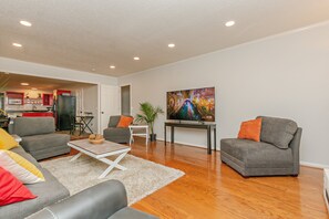 Smart TV, chimenea, reproductor de DVD y libros 