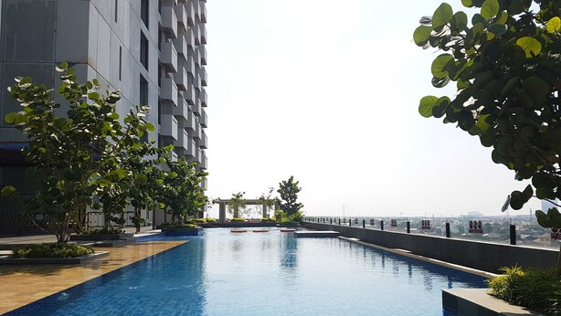 A swimming pool with a tiled edge, surrounded by greenery and a modern building.