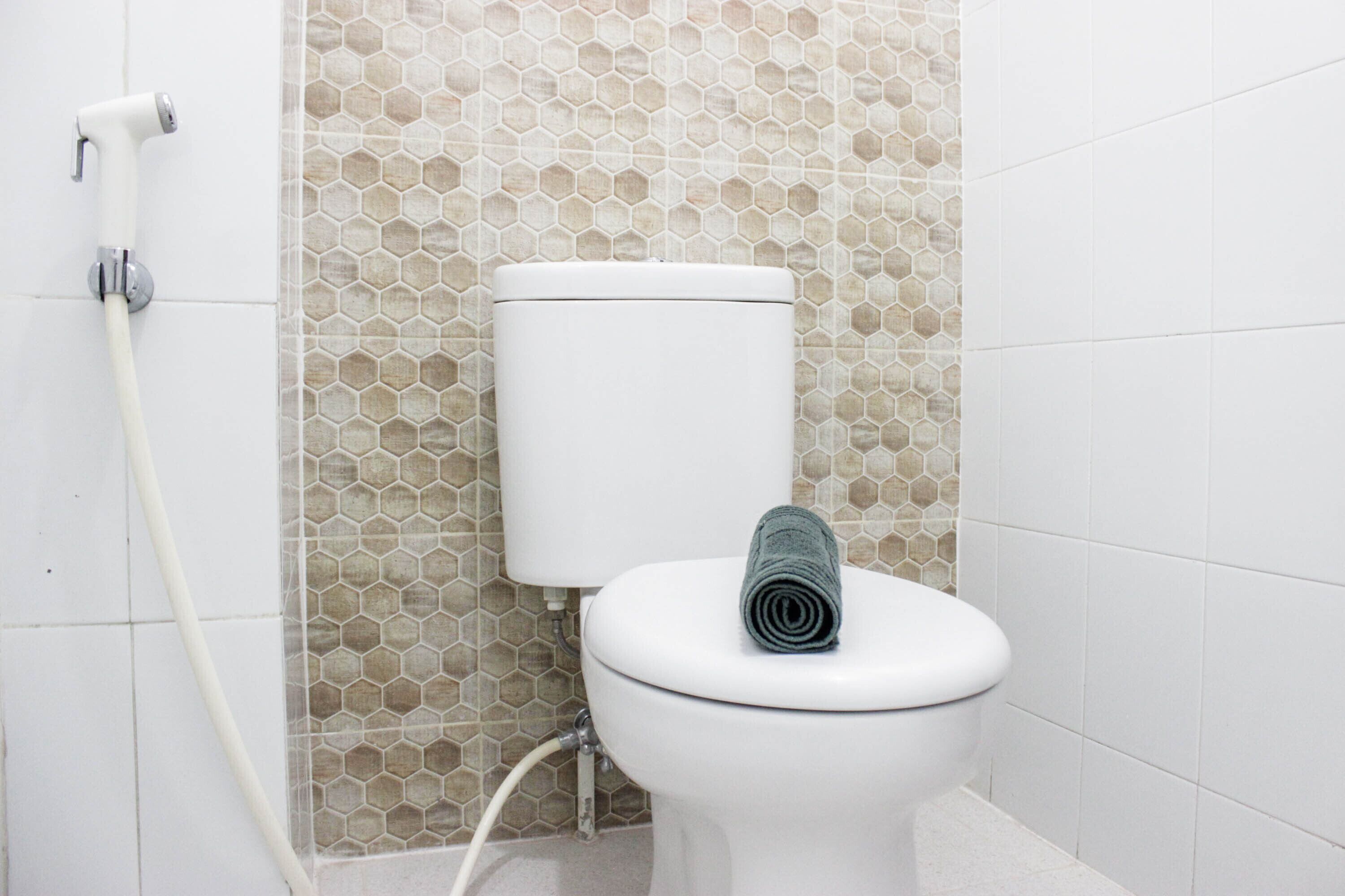 Une salle de bain comprenant des toilettes, une douche et un mur recouvert de carreaux disposés selon un motif hexagonal.