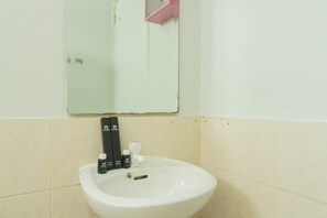 Bathroom features a sink, mirror, and shelf with toothbrushes and toothpaste.