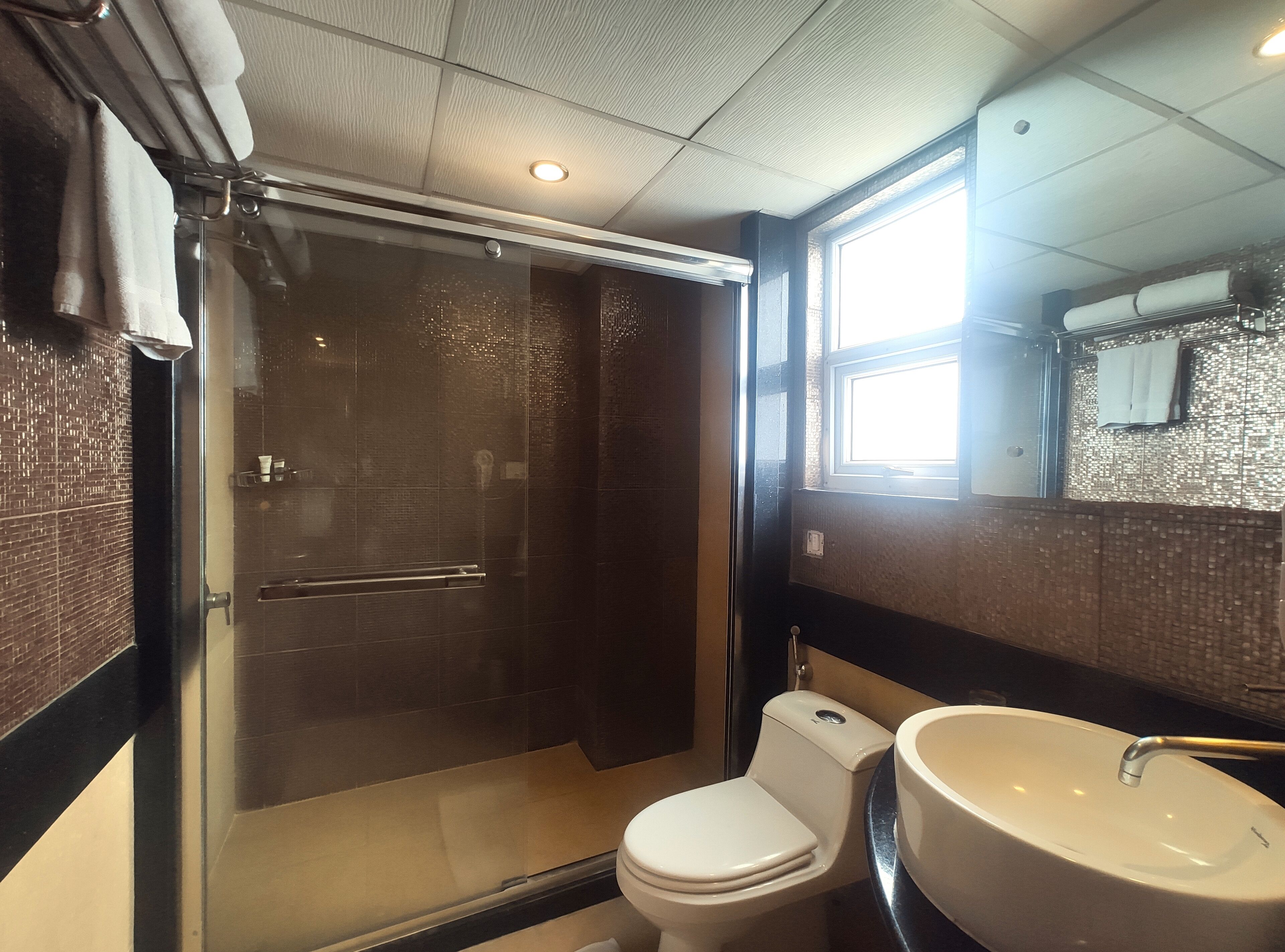 A bathroom with a glass-enclosed shower, a toilet, and a sink.