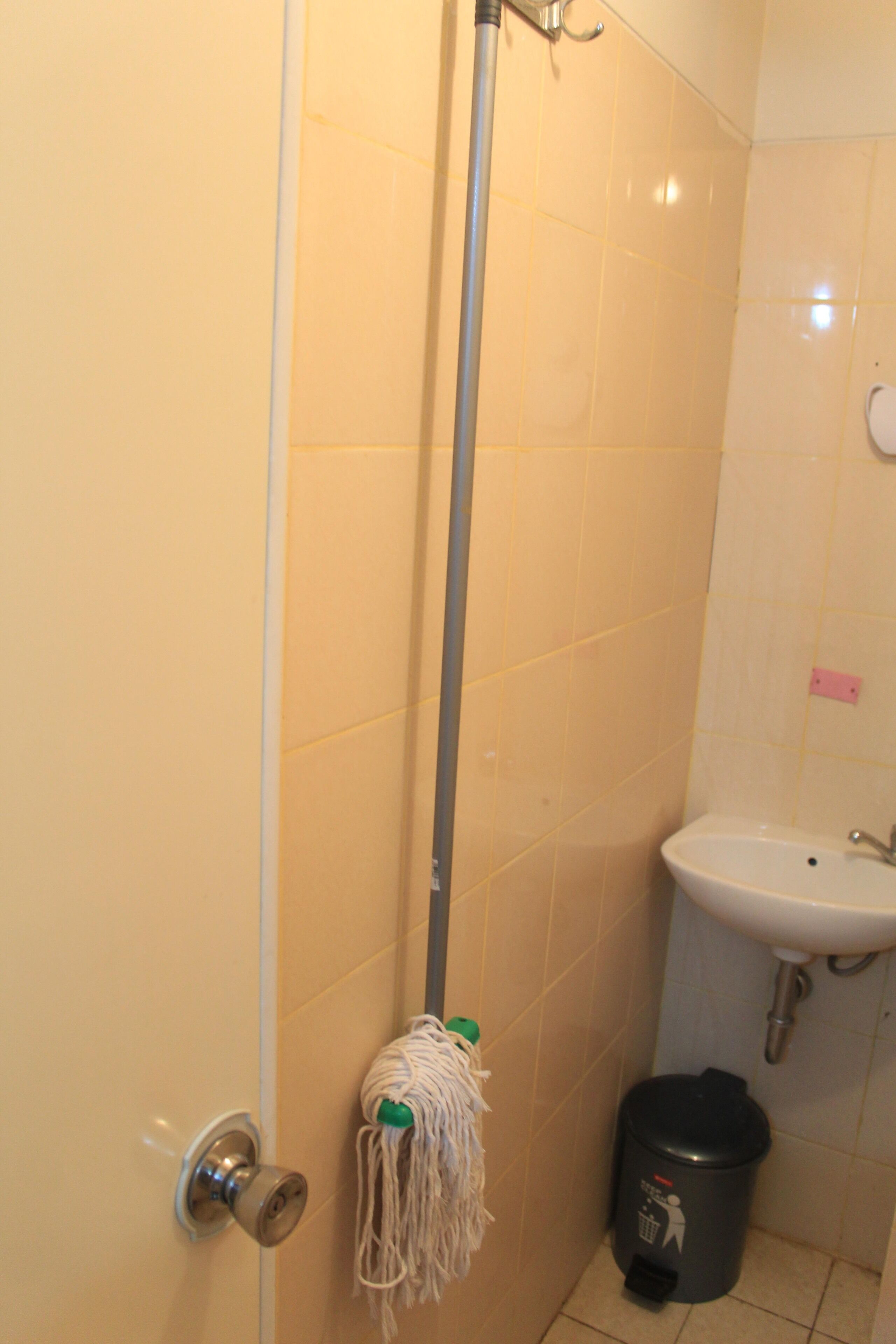 A bathroom with a mop, a trash bin, and a sink.
