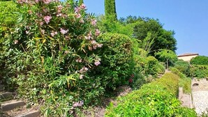 Un jardin agrémenté de diverses plantes et arbres, des marches en pierre et un bâtiment doté d’un toit en tuiles.