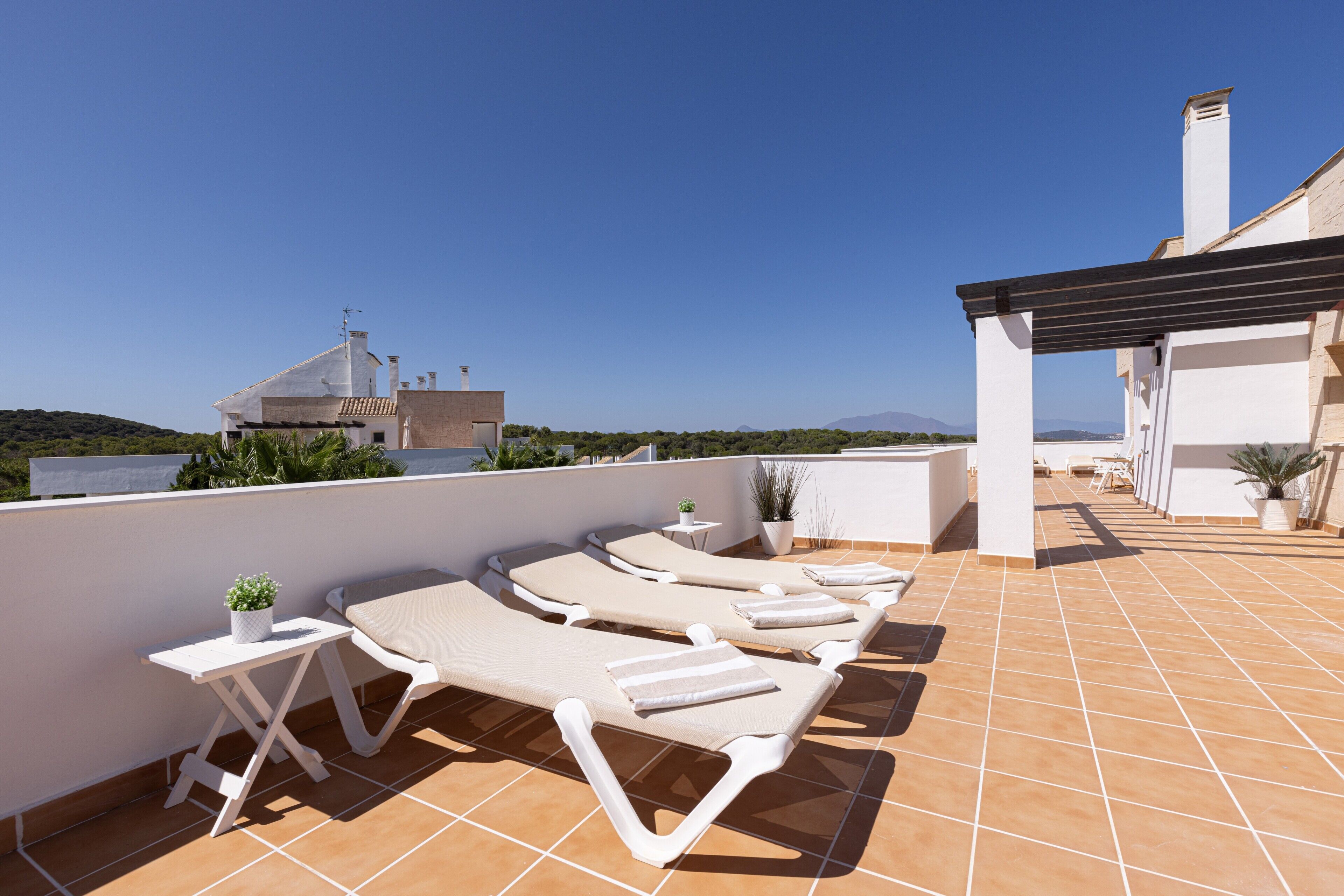 A rooftop terrace with lounge chairs, a small table, and potted plants.