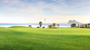 Un parcours de golf avec un drapeau, des palmiers et une vue sur l’océan.