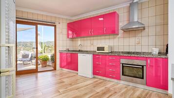 Fridge, microwave, oven, stovetop