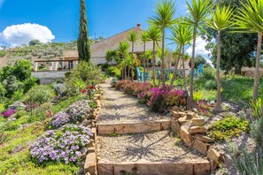 A garden pathway leading to a house with a pergola, surrounded by various plants and trees. - Vacation Home "Finca Las Nuevas Casa Sof" with Mountain View, Pool, Jacuzzi, Wi-Fi, Terrace & Garden (Alora)