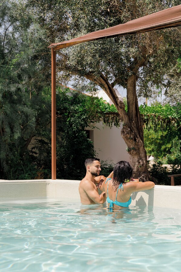 Piscine extérieure, chaises longues