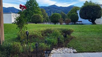 Ein angelegter Garten mit einem Weg, verschiedenen Pflanzen und Blick auf ferne Berge.
