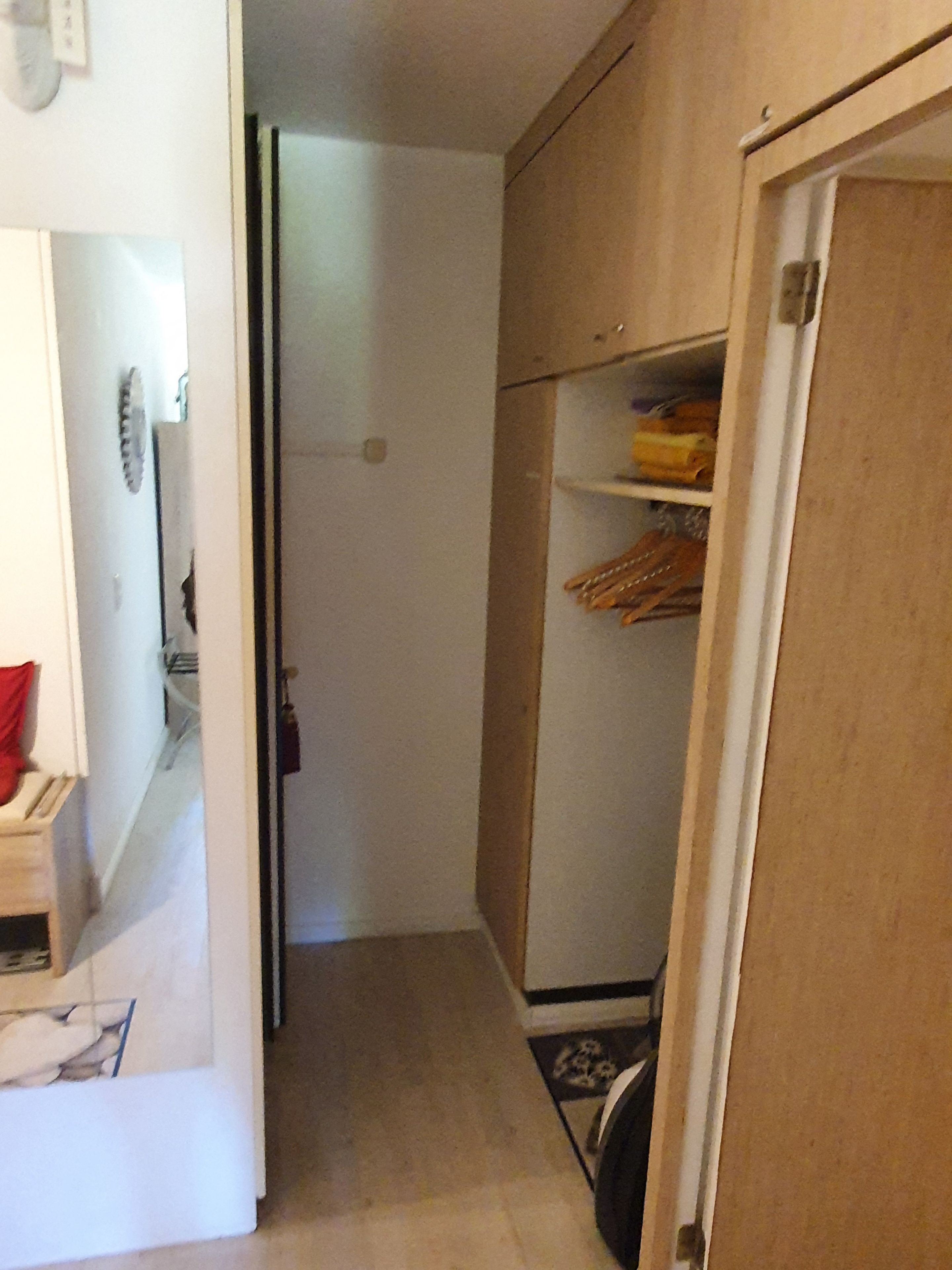 Kapea käytävä, jossa on puinen kaappi, ovi ja pieni porras, joka johtaa alemmalle tasolle.