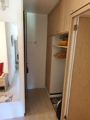 A narrow hallway with a wooden cabinet, a door, and a small step leading to a lower level.