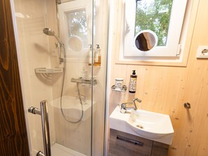 Shower, hair dryer, towels