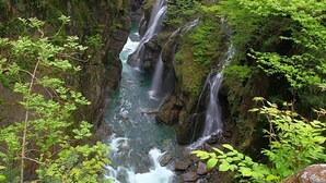 A waterfall cascading through a rocky gorge surrounded by lush greenery. - House at Nonna Pina's at the gateway to the Val Grande (Cossogno)