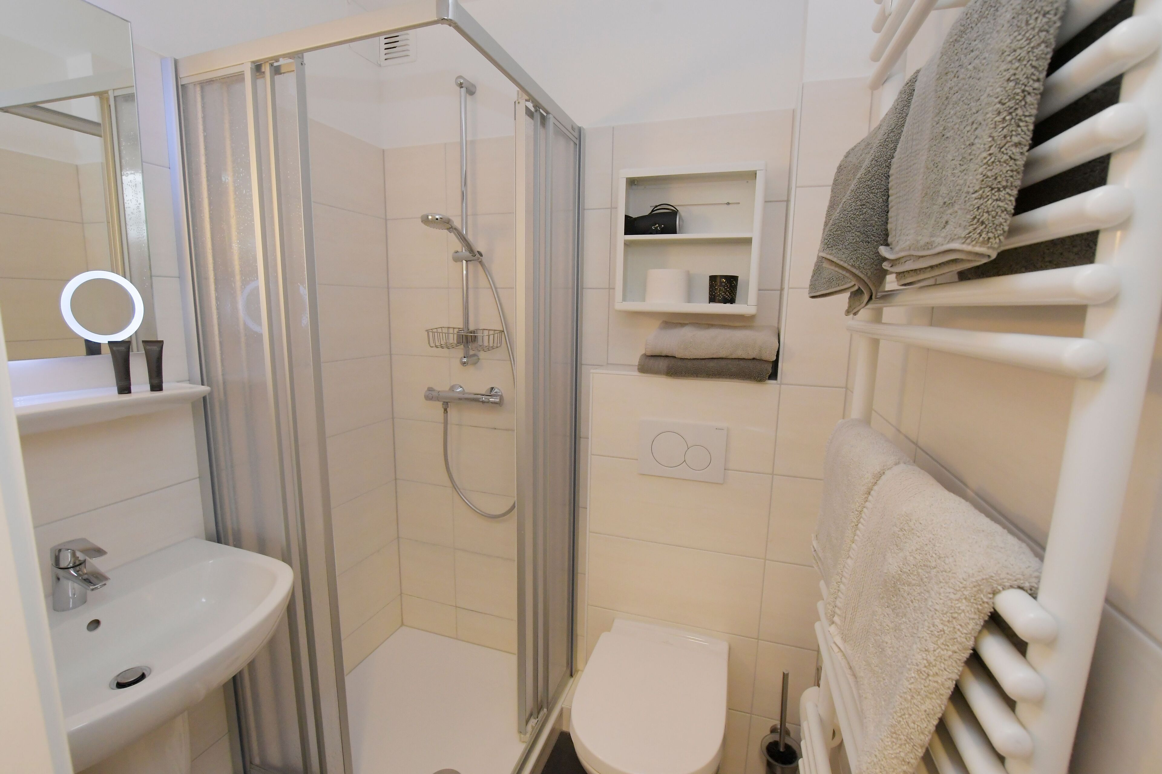 Shower, hair dryer, towels