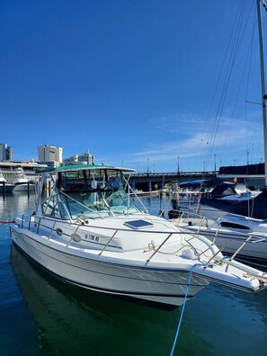 A marina with a white boat docked, featuring a cabin with a green roof, and a bridge in the background.