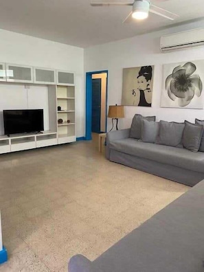 A living room with a grey sofa, a flat-screen TV, and a bookshelf.