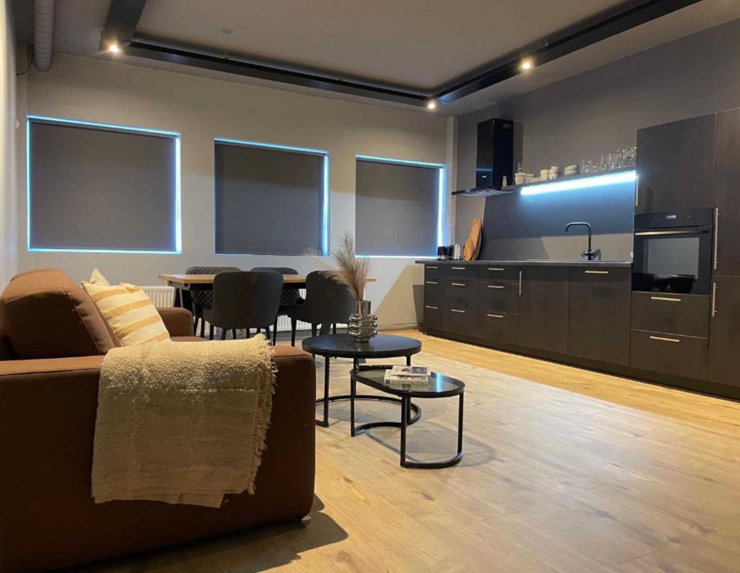 Een moderne woonkamer met een bruine bank, een salontafel, en een eethoek met stoelen. Er is een keuken met donkere kastjes en een zwart aanrecht.