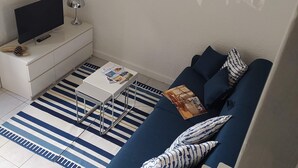 A modern living room with a sofa, a TV, a small table, and a striped rug. - Studio near the Château, the Old Port and the train station (Pornic)