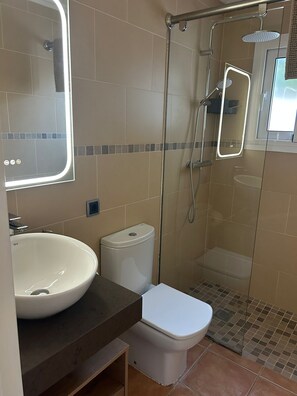 Shower, hair dryer, towels, shampoo