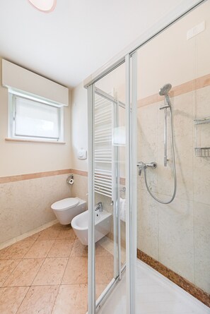 Shower, hair dryer, towels