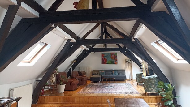 Un habitación estilo loft con vigas de madera a la vista, techo inclinado y tragaluces. Hay un sofá, una mesita y una planta en maceta.