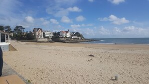 A beach with a row of houses along the shore.