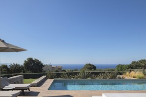 A swimming pool with a view of the sea, surrounded by greenery and a clear sky.