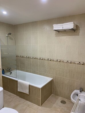 Bathtub, hair dryer, bidet, towels
