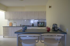 Fridge, oven, stovetop, coffee/tea maker