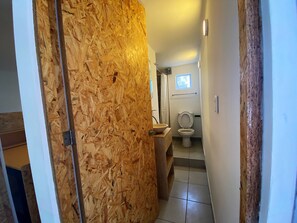 Shower, towels, toilet paper