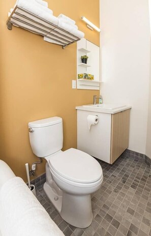 A bathroom with a toilet, sink, and towel rack. - Clean Sophisticated Comfort in Highlands (Edmonton)