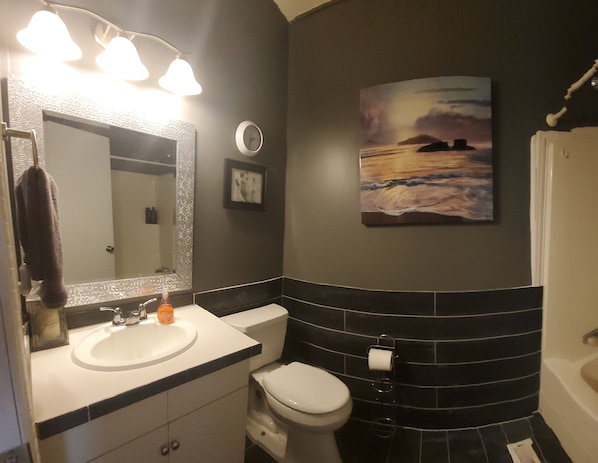 Combined shower/tub, hair dryer, towels, soap