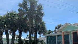 Un immobile residenziale con un giardino anteriore, palme e una casa con veranda.