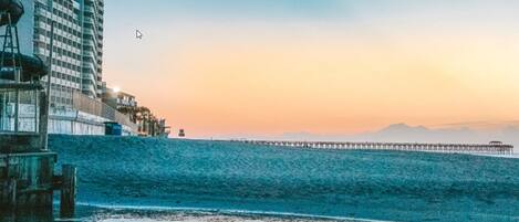On the beach, sun loungers
