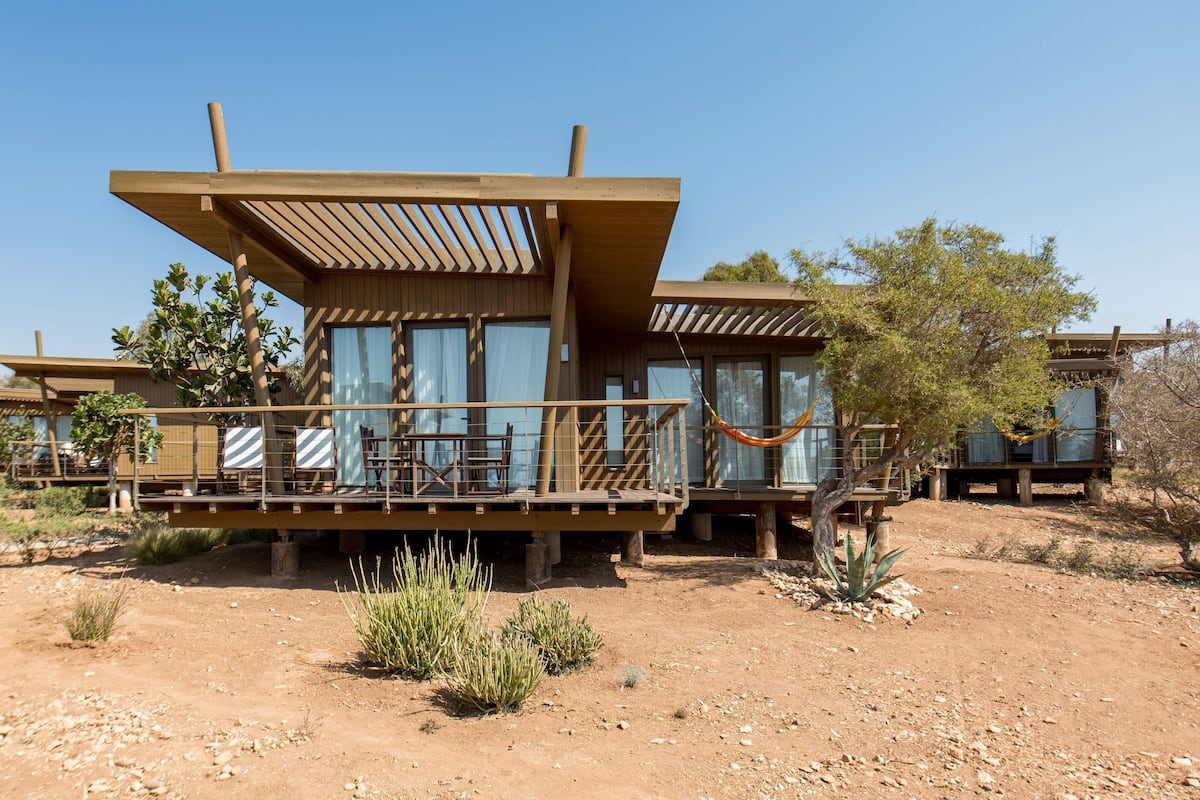 A modern building with a wooden deck, large windows, and a hammock.