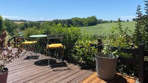 A wooden deck with a table and chairs, surrounded by greenery and a view of a field.