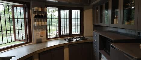 Fridge, microwave, stovetop, electric kettle