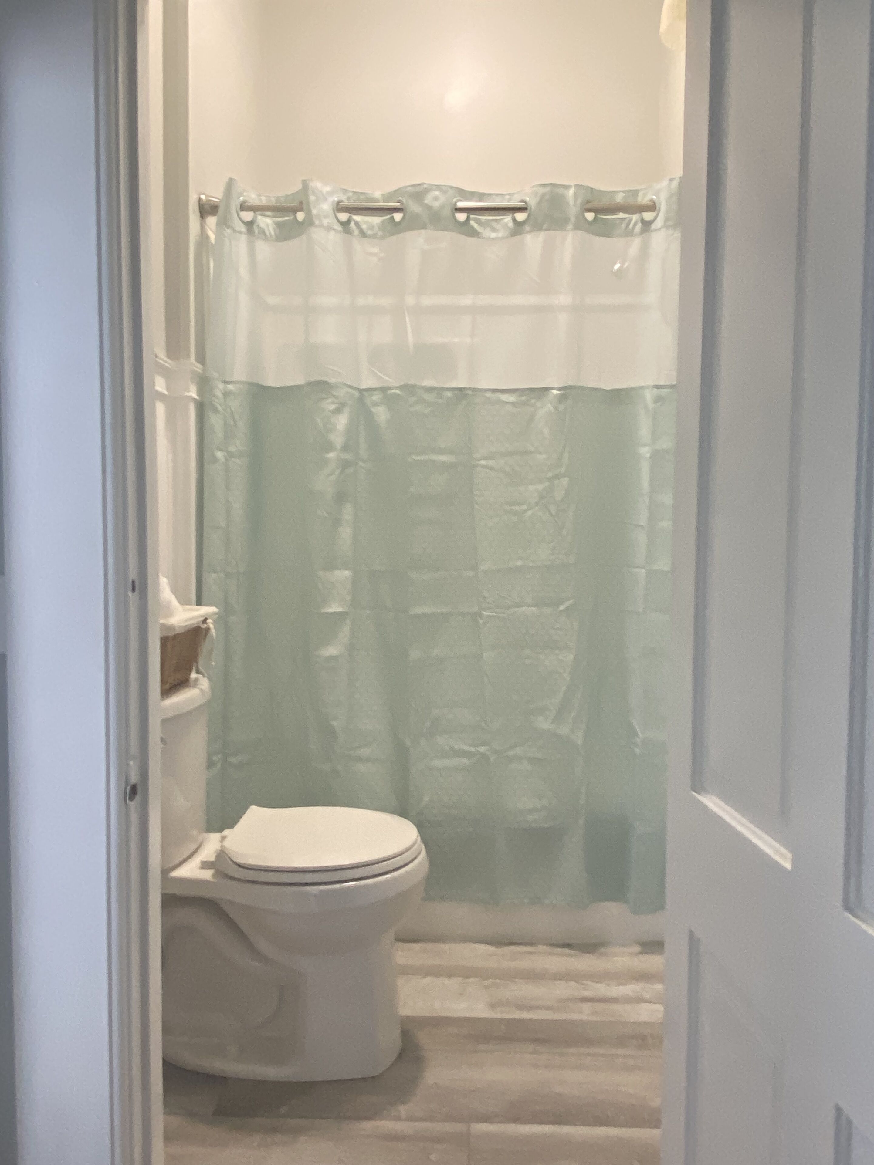 A bathroom with a toilet, a shower curtain, and a door.