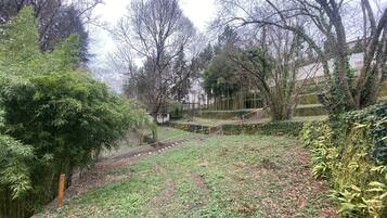 A garden with a variety of trees, a grassy area, and a stone pathway leading to a building.