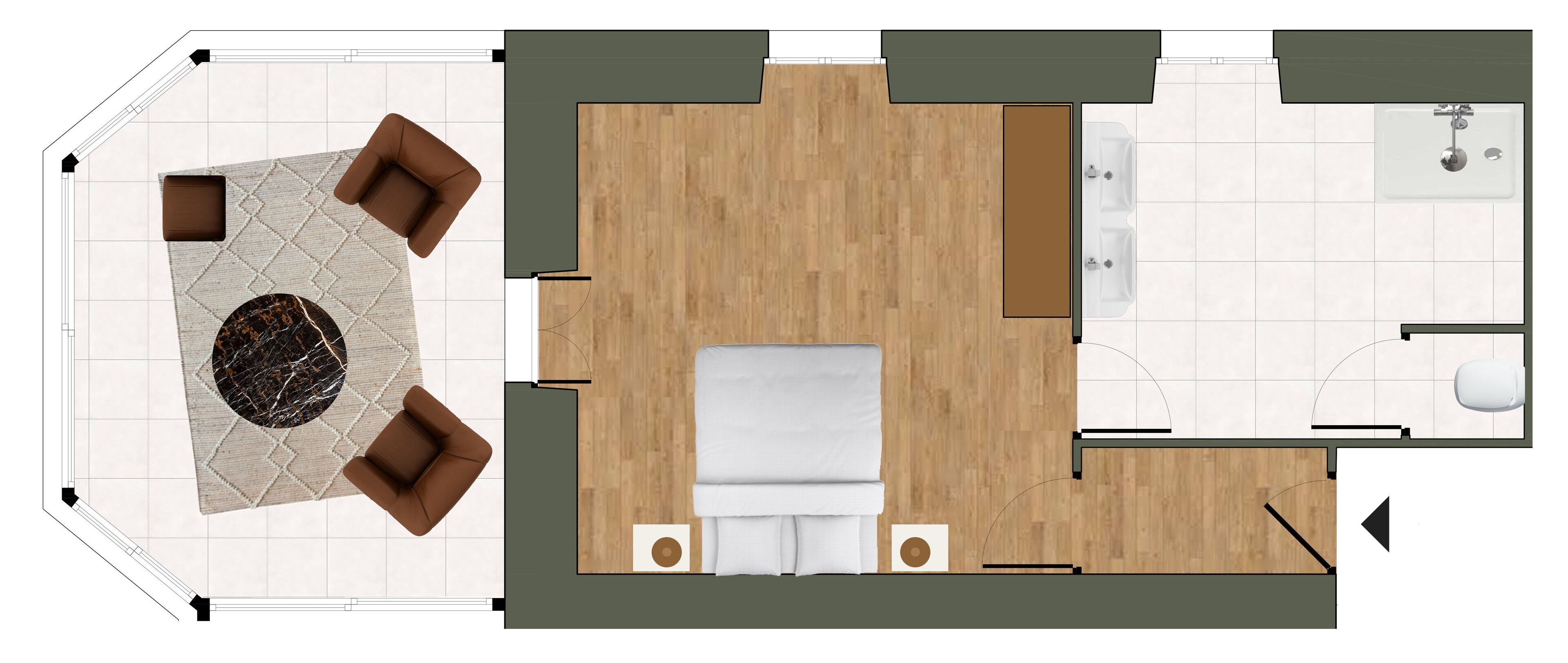 Distribución de una habitación de hotel con cama, zona de estar y baño.