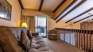 45-inch TV with cable channels, fireplace