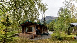 A rustic cabin with a porch, surrounded by trees and a mountain in the background.