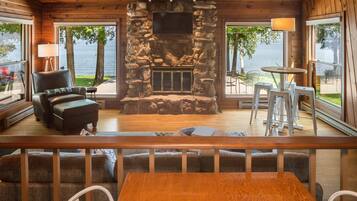 Smart TV, fireplace, books