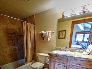 Bathroom features a shower, toilet, and sink with a granite countertop.