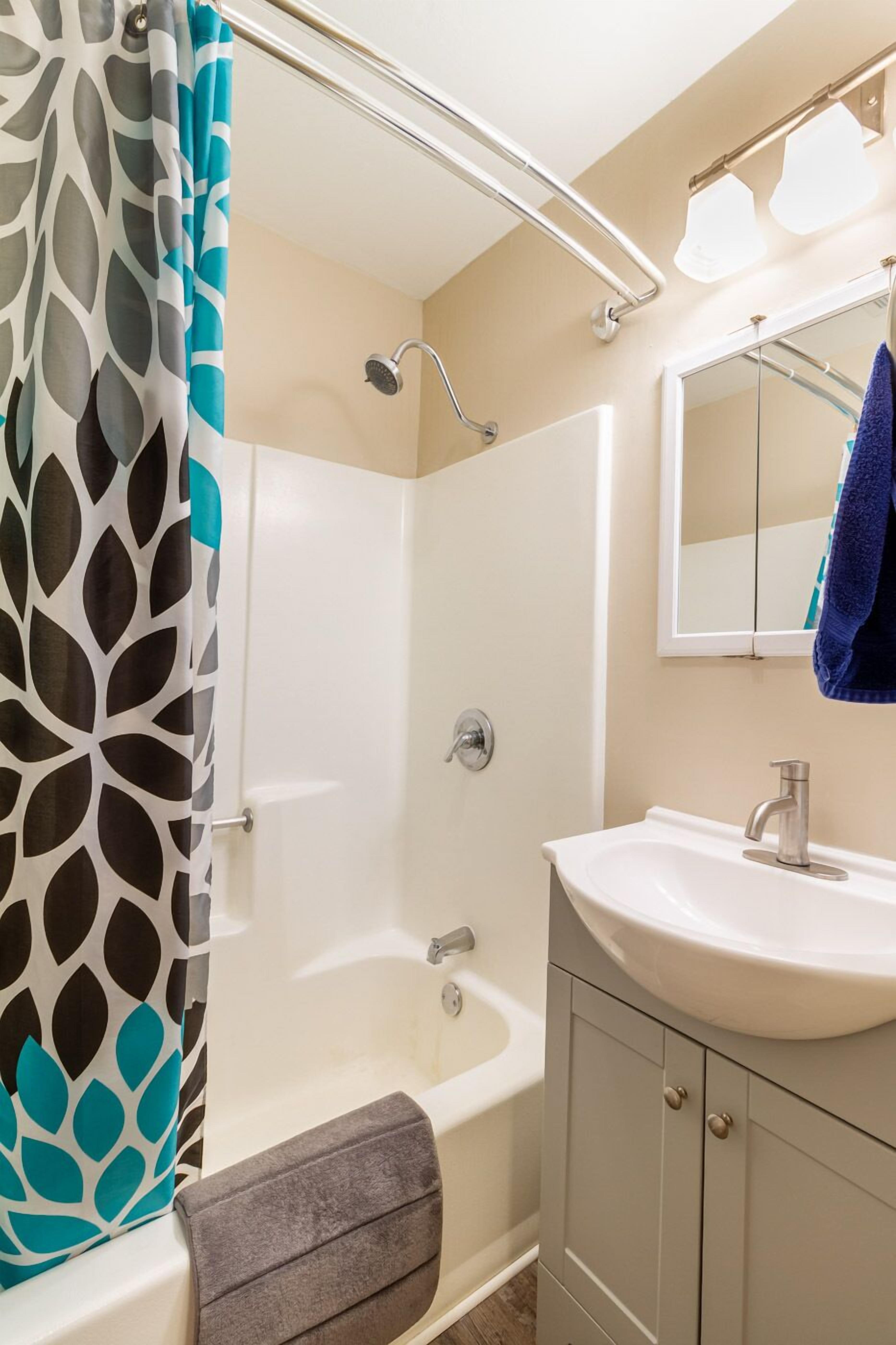 Combined shower/bathtub, hair dryer, towels, soap